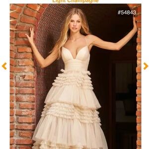 Sherri Hill Light Champagne Ruffled Tulle Gown